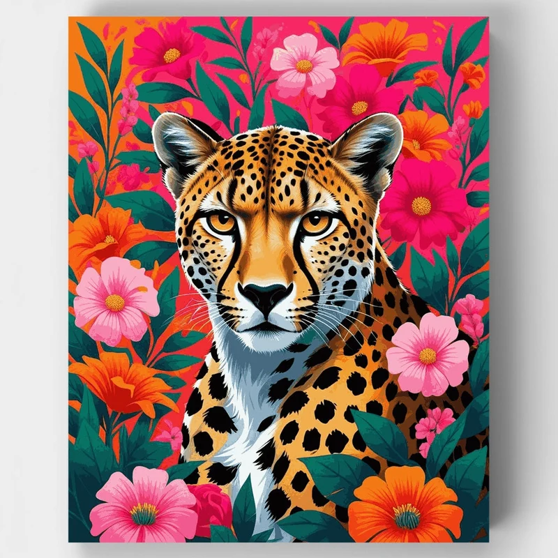 Vibrant Cheetah in Blooming Garden - Paint by Numbers Kit