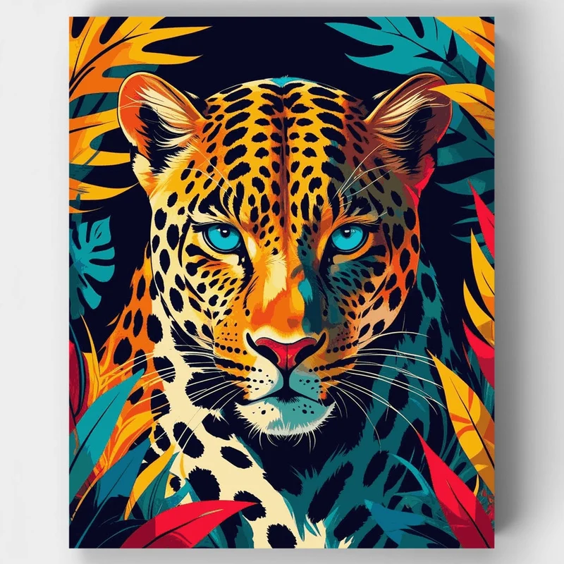Neon Jungle Leopard with Turquoise Eyes - Paint by Numbers Kit