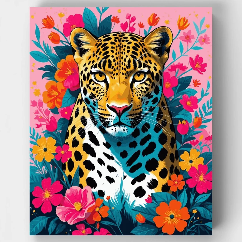 Vibrant Leopard in Floral Paradise - Paint by Numbers Kit
