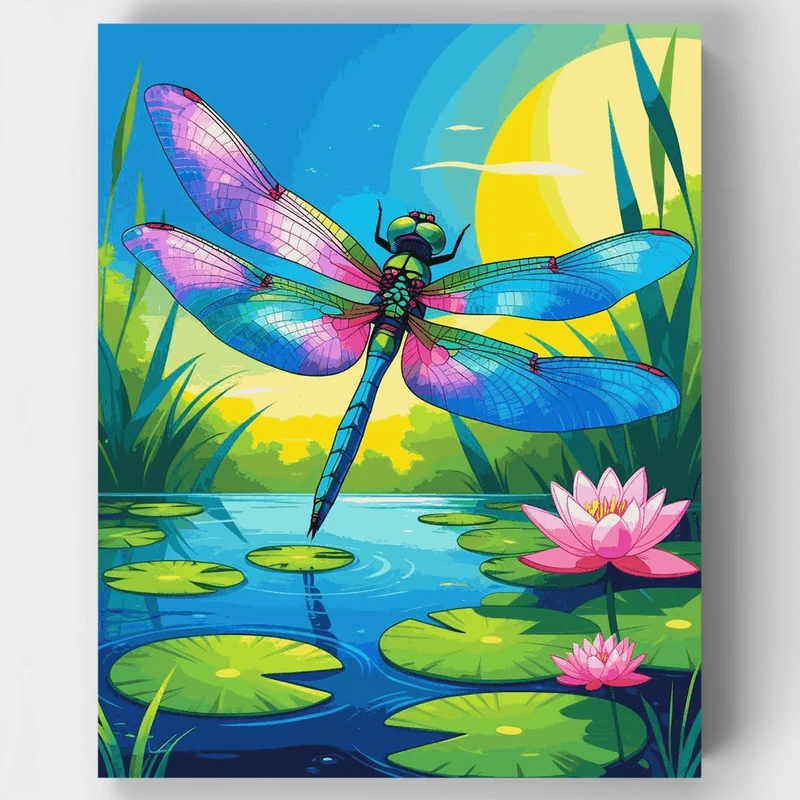 Vibrant Dragonfly Over Water Lilies - Paint by Numbers Kit