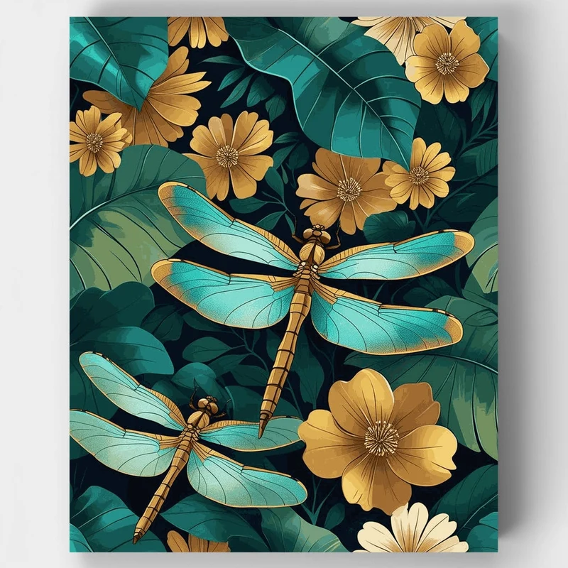 Dragonflies and Golden Flowers - Paint by Numbers Kit