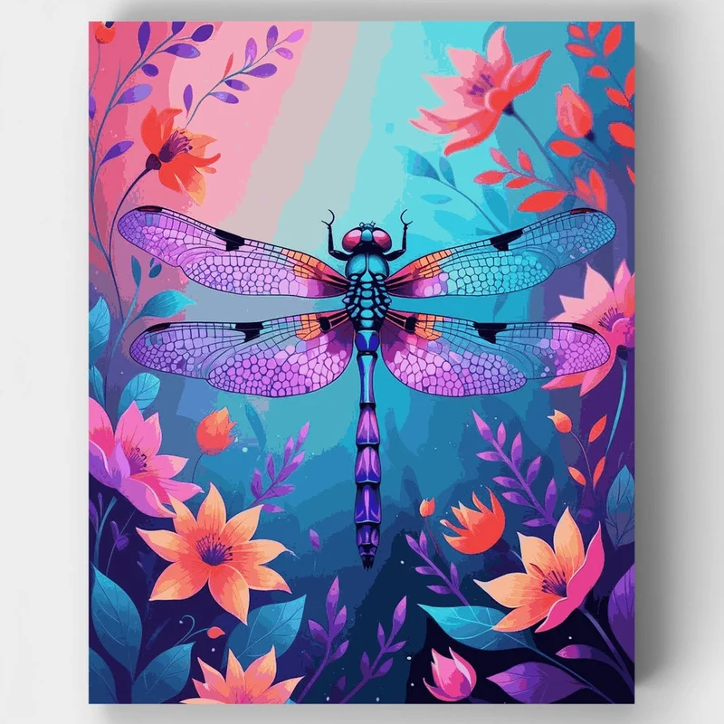Vibrant Dragonfly in Floral Paradise - Paint by Numbers Kit