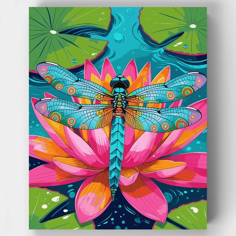 Vibrant Dragonfly on Lotus Flower - Paint by Numbers Kit