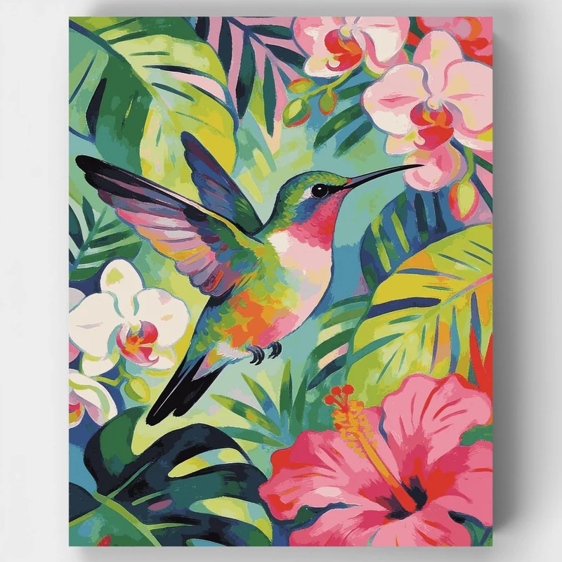 "Colorful Hummingbird Among Tropical Flowers" Paint by Numbers Kit