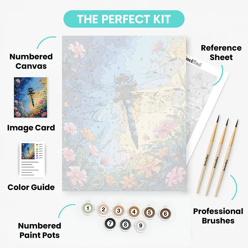 Blue Dragonfly with Garden Flowers - Paint by Numbers Kit