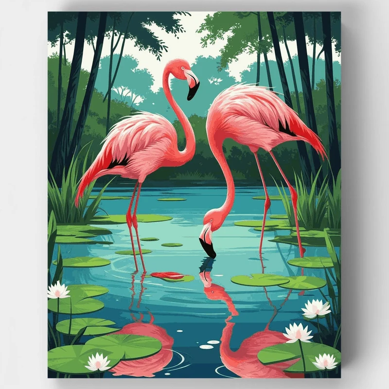 Flamingos in Forest Pond - Paint by Numbers Kit