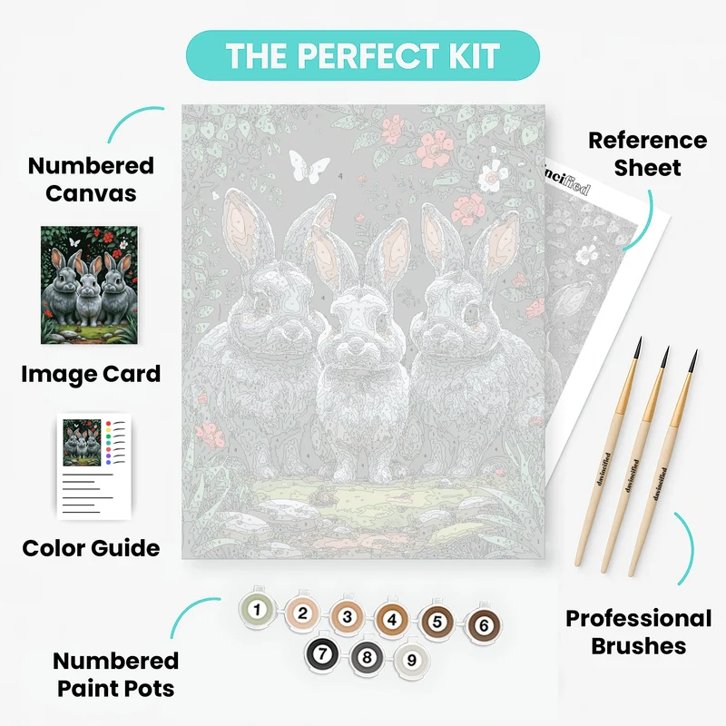 Three Gray Rabbits in Garden - Paint by Numbers Kit