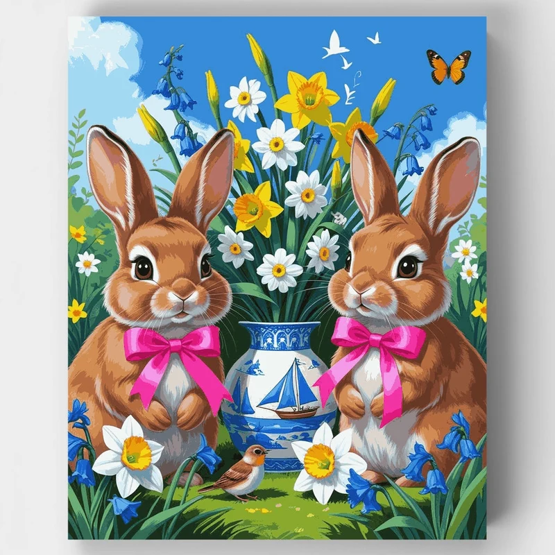 Spring Bunnies with Flower Bouquet - Paint by Numbers Kit