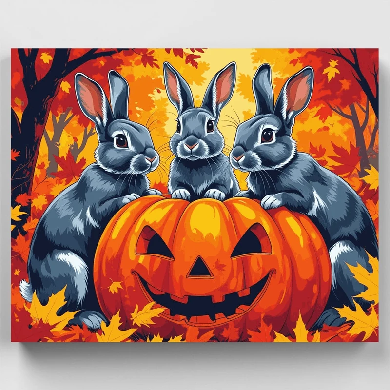Autumn Rabbits with Halloween Pumpkin - Paint by Numbers Kit