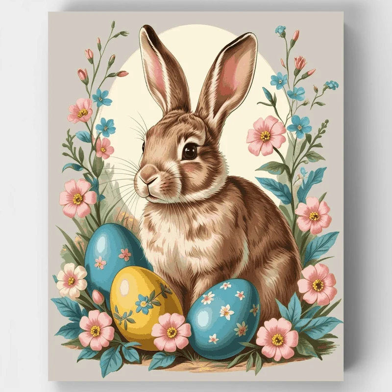Easter Bunny with Decorated Eggs and Spring Flowers - Paint by Numbers Kit