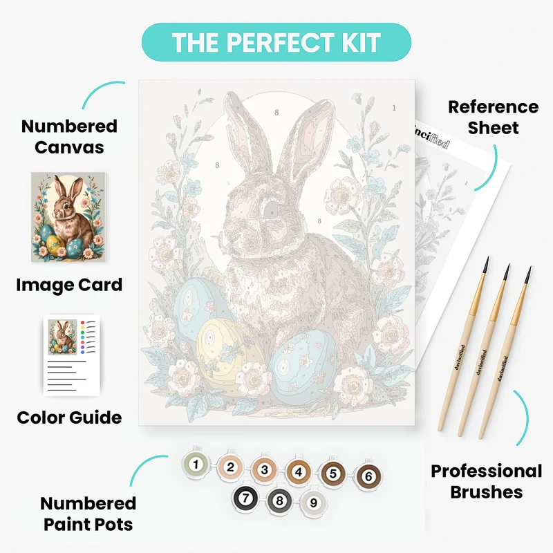 Easter Bunny with Decorated Eggs and Spring Flowers - Paint by Numbers Kit
