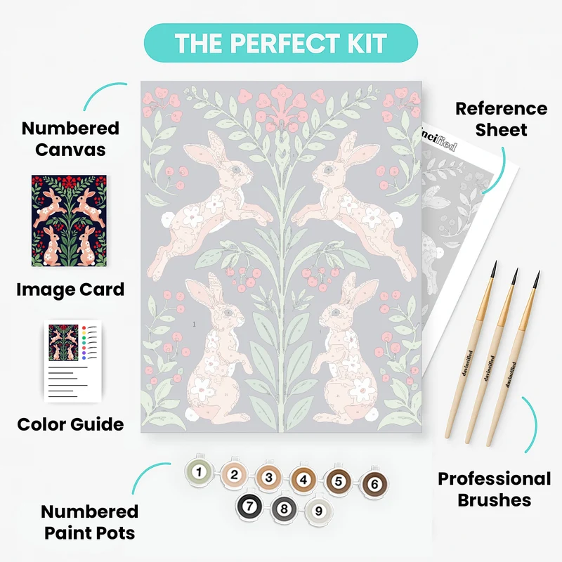 Folk Art Rabbits with Floral Symmetry - Paint by Numbers Kit