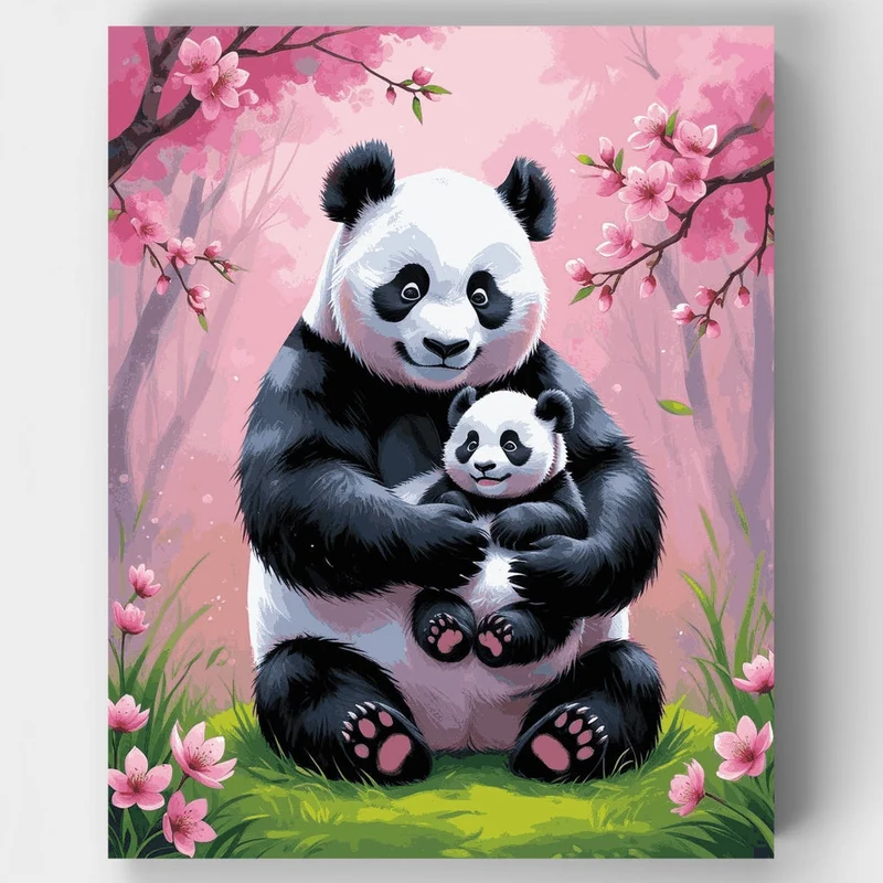 Panda Mother and Cub in Cherry Blossom Garden - Paint by Numbers Kit