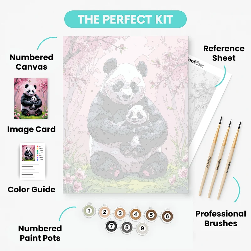 Panda Mother and Cub in Cherry Blossom Garden - Paint by Numbers Kit