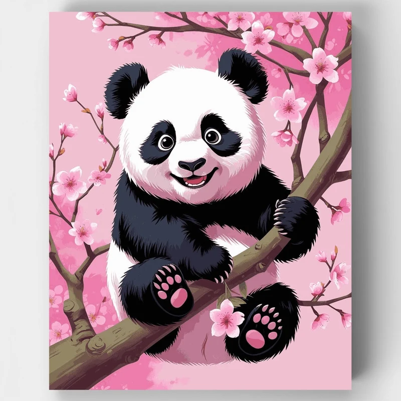 Adorable Panda Cub in Cherry Blossom Tree - Paint by Numbers Kit