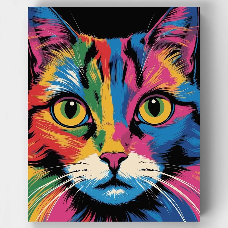 Multicolored Cat with Bright Yellow Eyes - Paint by Numbers Kit
