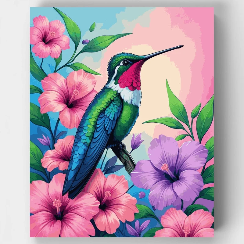 Vibrant Hummingbird with Hibiscus Flowers - Paint by Numbers Kit