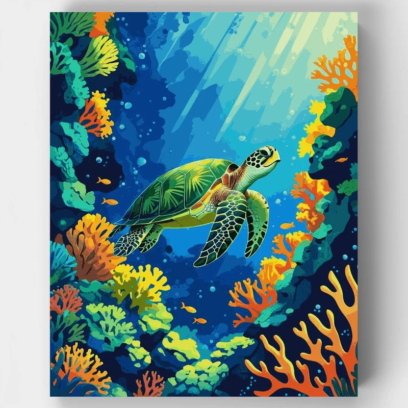 Sea Turtle Gliding Through Coral Paradise - Paint by Numbers Kit