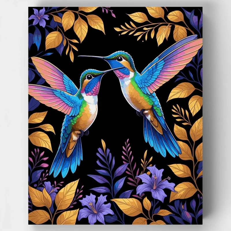 Vibrant Hummingbirds with Golden Leaves - Paint by Numbers Kit