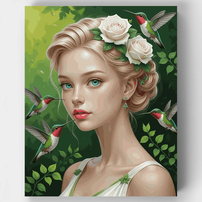 Elegant Woman with Hummingbirds and White Roses - Paint by Numbers Kit