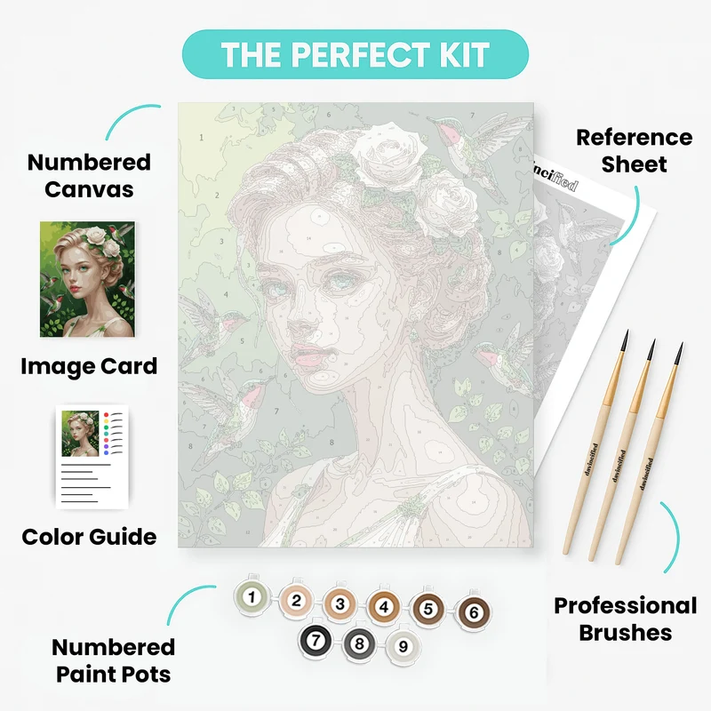 Elegant Woman with Hummingbirds and White Roses - Paint by Numbers Kit