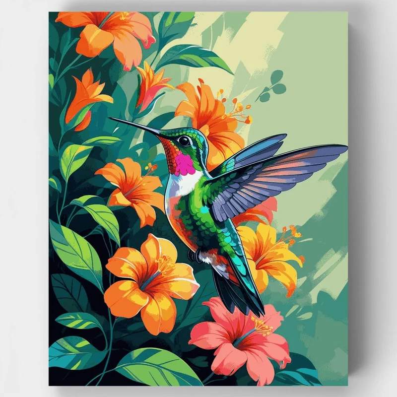 Vibrant Hummingbird in Tropical Blooms - Paint by Numbers Kit