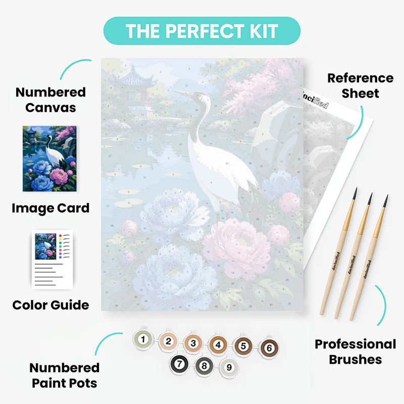 Crane Among Blue Peonies - Paint by Numbers Kit