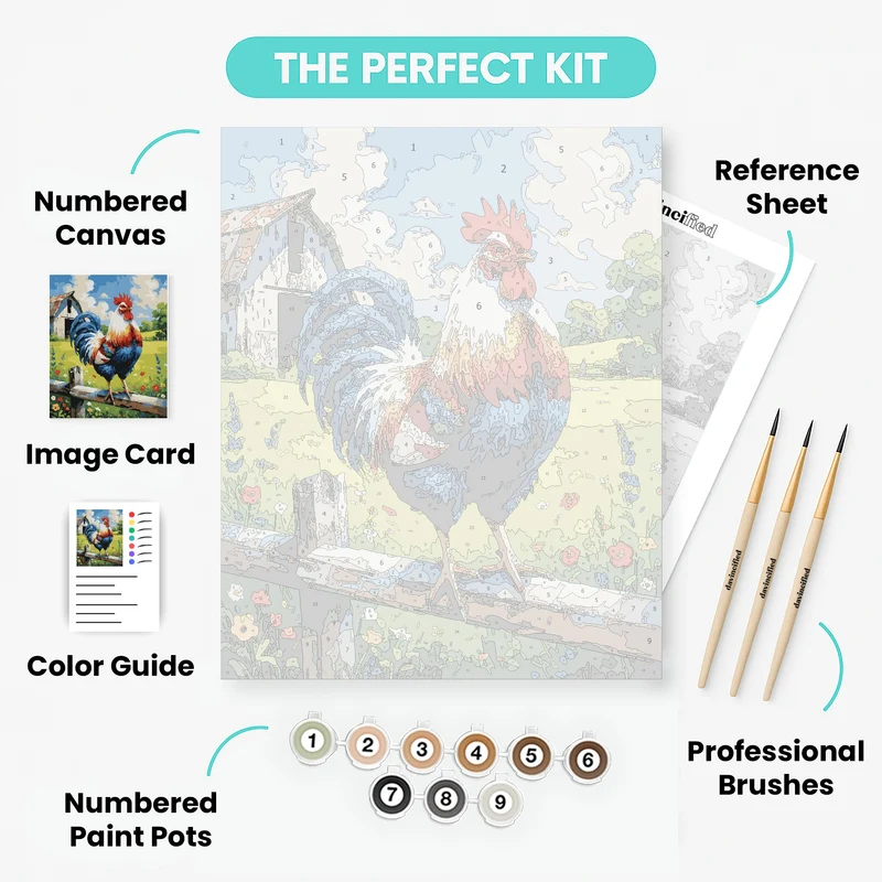 Vibrant Rooster on Rustic Farm Fence - Paint by Numbers Kit