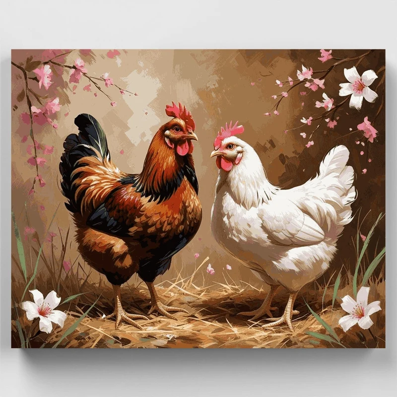 Rooster and Hen with Cherry Blossoms - Paint by Numbers Kit