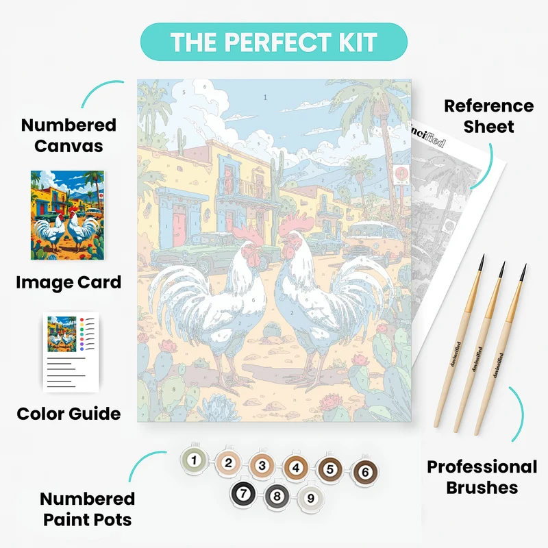 Mexican Village Roosters - Paint by Numbers Kit