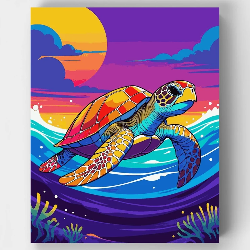Vibrant Sea Turtle in Sunset Waves - Paint by Numbers Kit