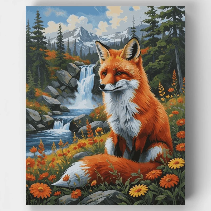 Red Fox by Mountain Waterfall - Paint by Numbers Kit
