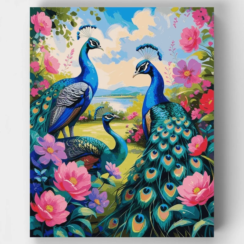 Three Majestic Peacocks in a Blooming Garden - Paint by Numbers Kit