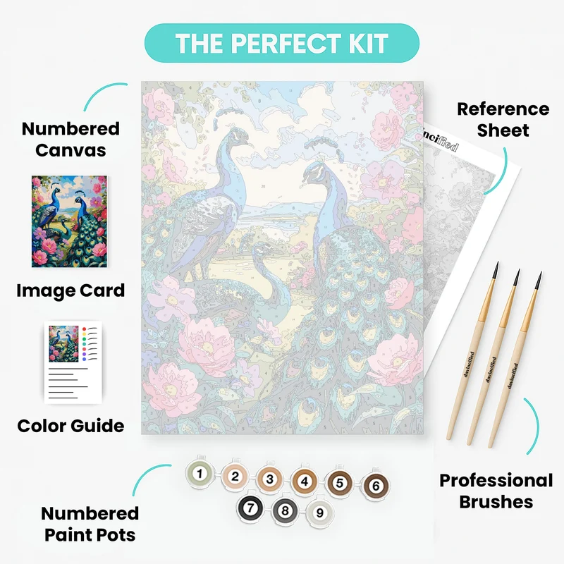 Three Majestic Peacocks in a Blooming Garden - Paint by Numbers Kit