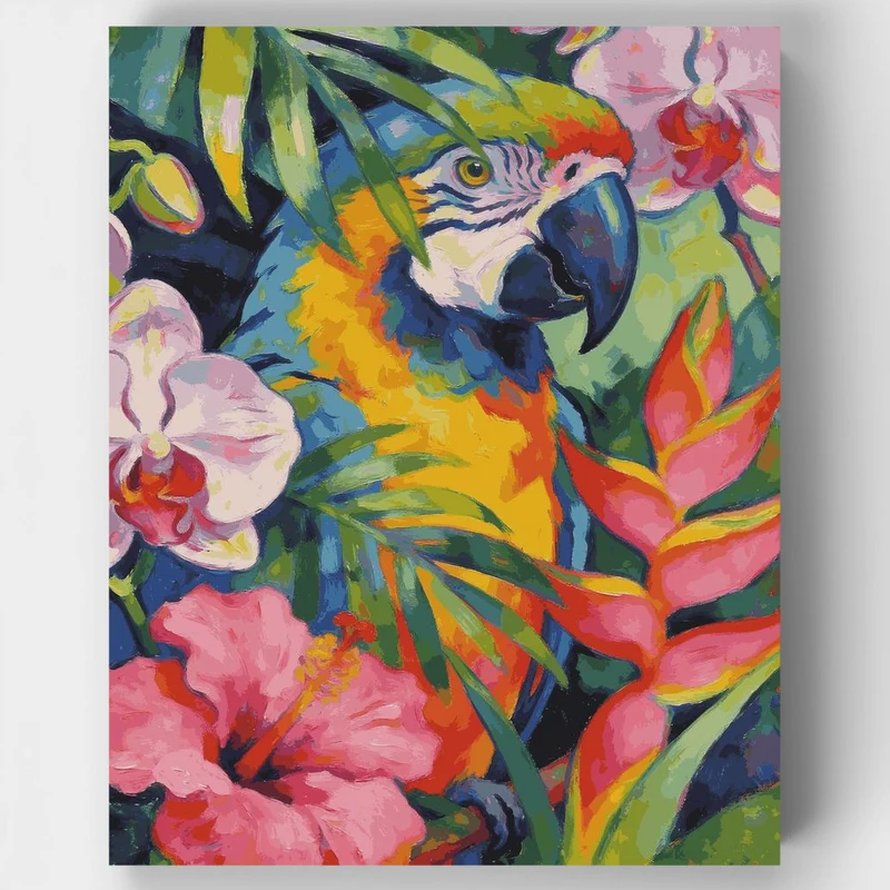 "Colorful Macaw Among Tropical Flowers" Paint by Numbers Kit