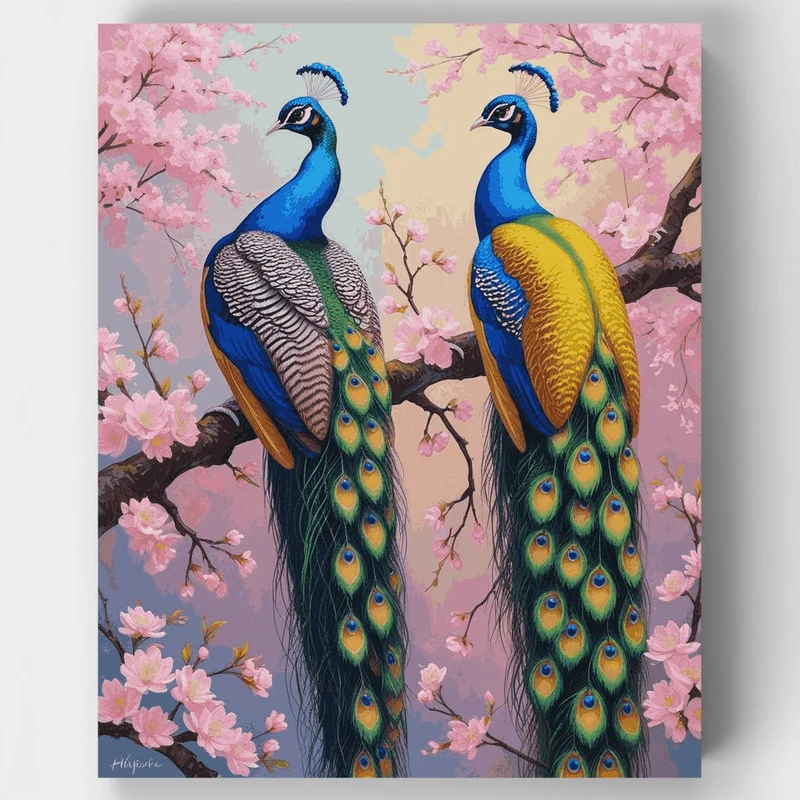 Majestic Peacocks in Cherry Blossoms - Paint by Numbers Kit