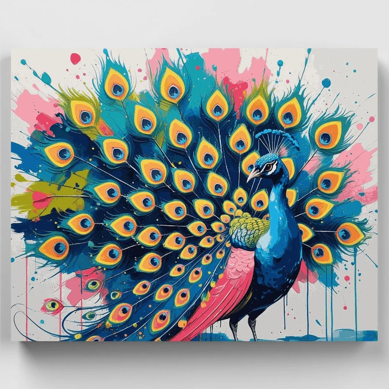 Vibrant Peacock with Splatter Art Background - Paint by Numbers Kit