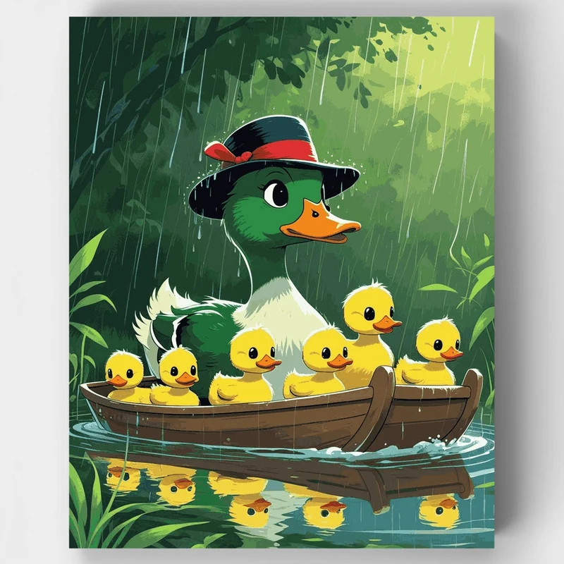 Mother Duck and Ducklings in Rainy Boat - Paint by Numbers Kit