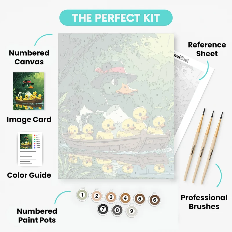 Mother Duck and Ducklings in Rainy Boat - Paint by Numbers Kit