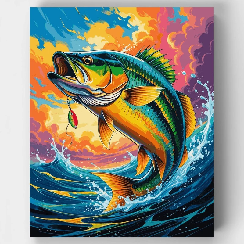 Vibrant Bass Fish Leaping from Water - Paint by Numbers Kit