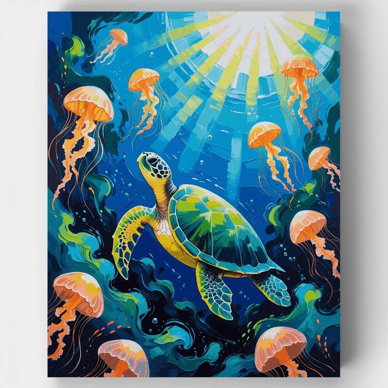 Sea Turtle and Jellyfish Underwater Scene - Paint by Numbers Kit