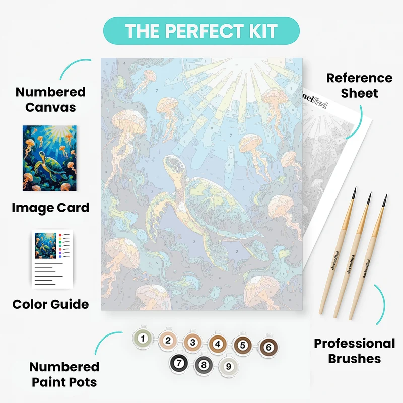 Sea Turtle and Jellyfish Underwater Scene - Paint by Numbers Kit
