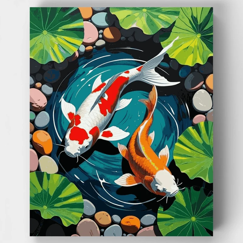 Graceful Koi Pair Circling in Pond - Paint by Numbers Kit