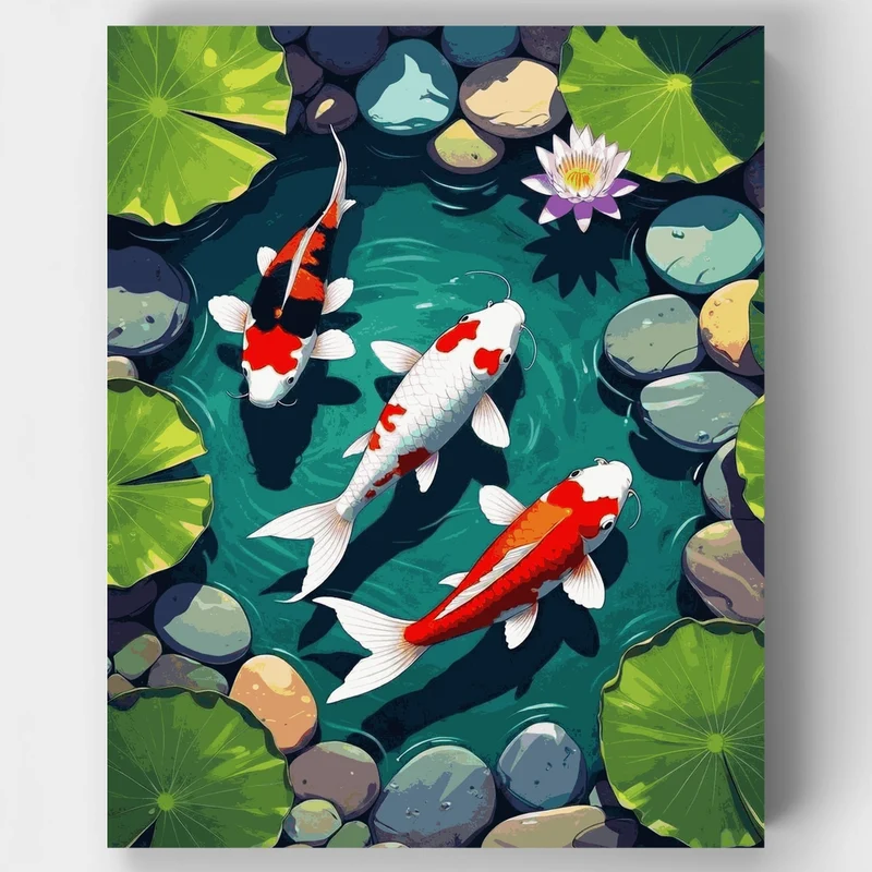 Koi Fish Swimming Among Lily Pads and Stones - Paint by Numbers Kit