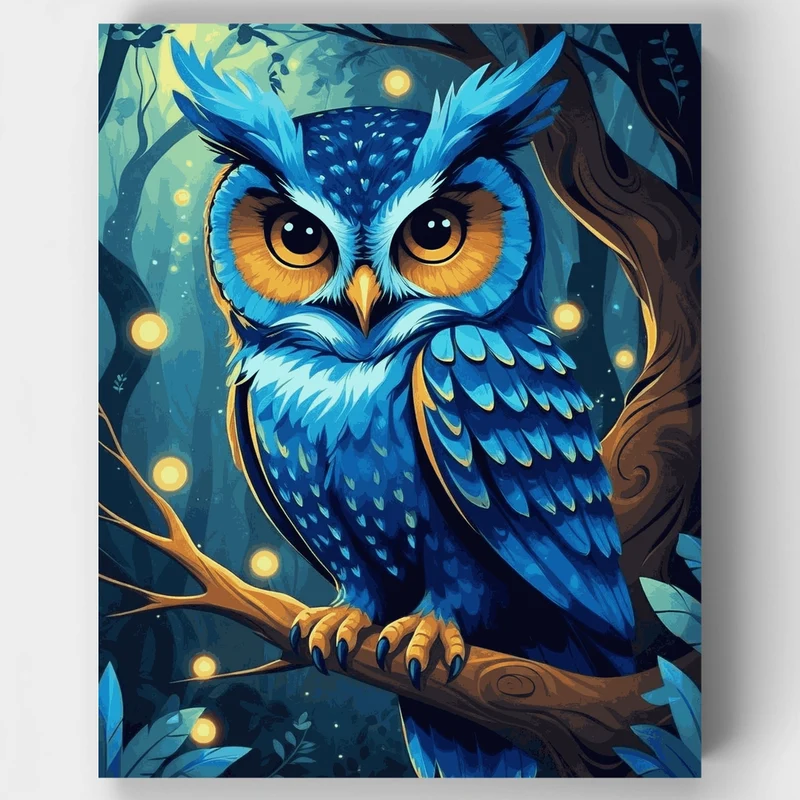 Mystical Blue Owl in Moonlit Forest - Paint by Numbers Kit