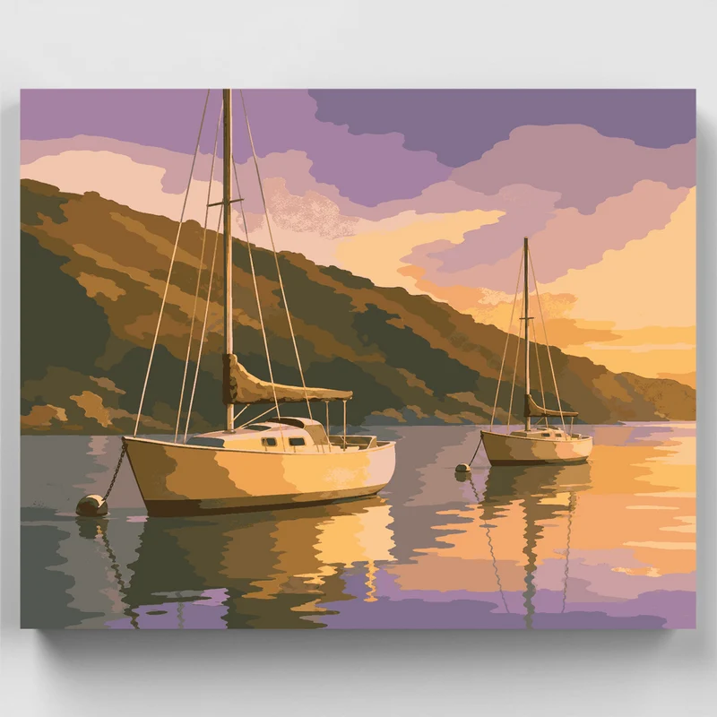 Sailboats at Dawn Harbor - Paint by Numbers Kit