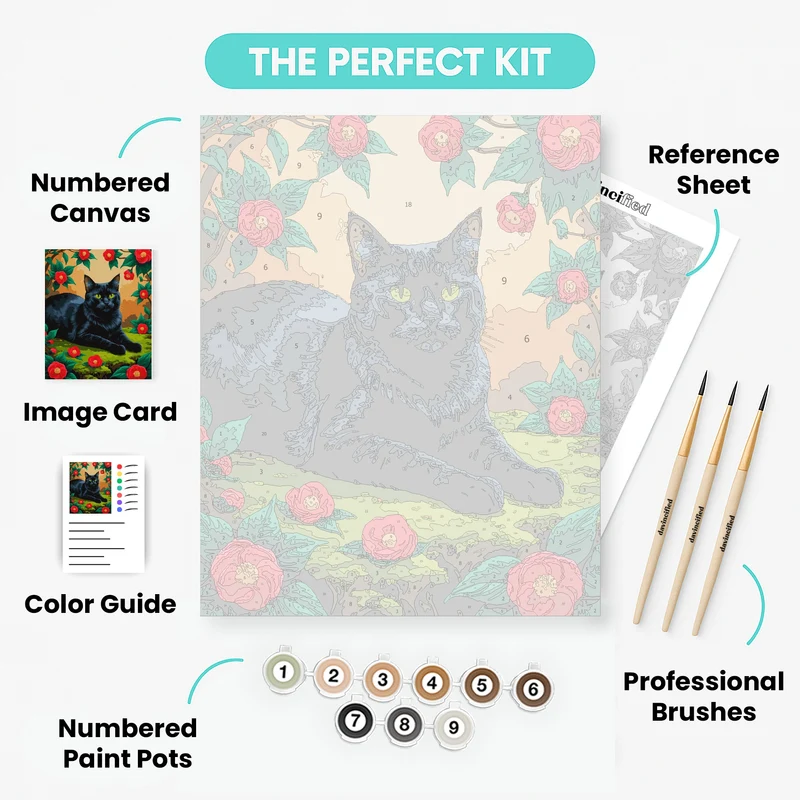 Black Cat with Red Camellias - Paint by Numbers Kit