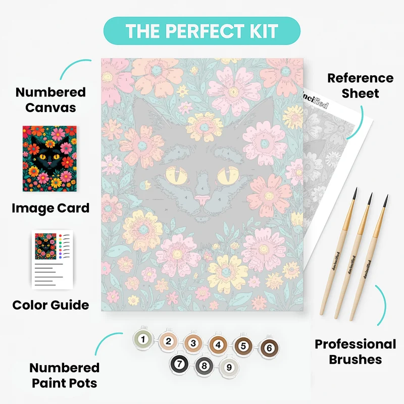 Black Cat in Colorful Flower Garden - Paint by Numbers Kit