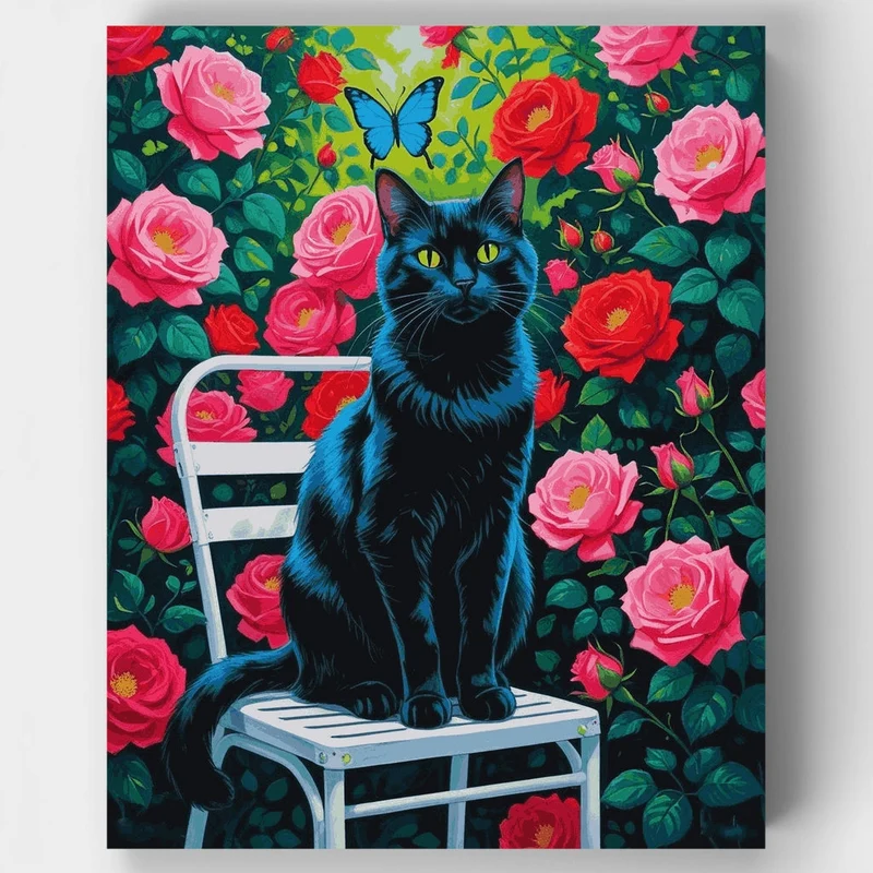 Black Cat in Rose Garden - Paint by Numbers Kit