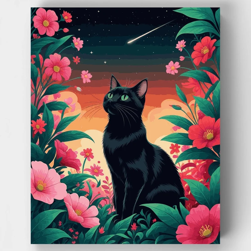 Black Cat Surrounded by Pink Flowers Under Starry Sky - Paint by Numbers Kit